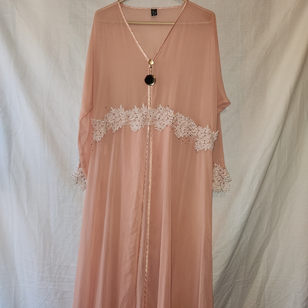 SOLD: SHEER Chiffon Floral Lace Trinmed, Soft Peach Robe / abaya